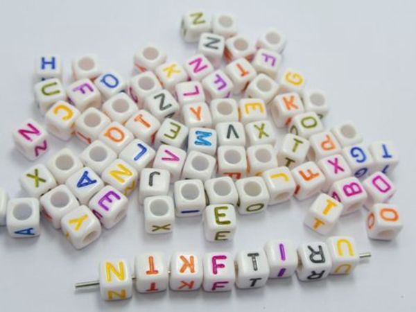 

250pcs white bead mixed alphabet /letter acrylic cube beads 6x6mm big hole beads, Bronze;silver