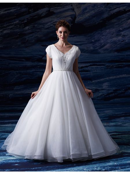 Abito da ballo lungo in organza Abiti da sposa modesti Maniche ad aletta Cintura con scollo a V in rilievo Principessa Puffy Church Abiti da sposa economici Realizzati su misura