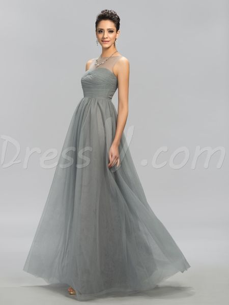 

2019 fashion ruched boat neck long evening dresses sexy sleeveless a-line Silver Grey Tulle Prom Dresses evening dress Robe de soiree