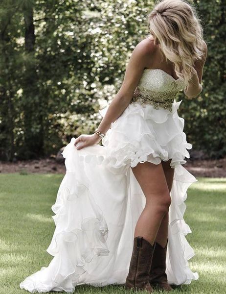 

high low country western wedding dress organza beaded romantic wedding gowns tiered ruffles bridal gown vestido de novia robe de mariage, White