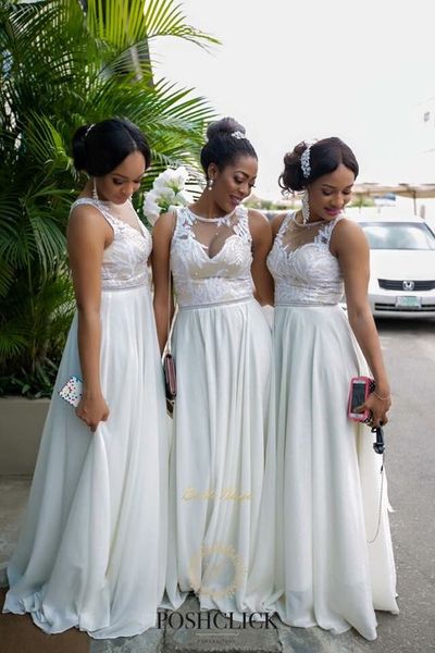 

2018 arabic long white chiffon bridesmaid dresses appliques sheer jewel neckline beach maid of honor gowns formal wedding guest dress, White;pink