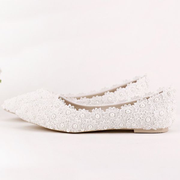 Tacco piatto Scarpe da sposa con fiori di perle e pizzo Scarpe a punta Scarpe da ballo per feste di matrimonio Belle scarpe da damigella d'onore Scarpe basse da donna2859