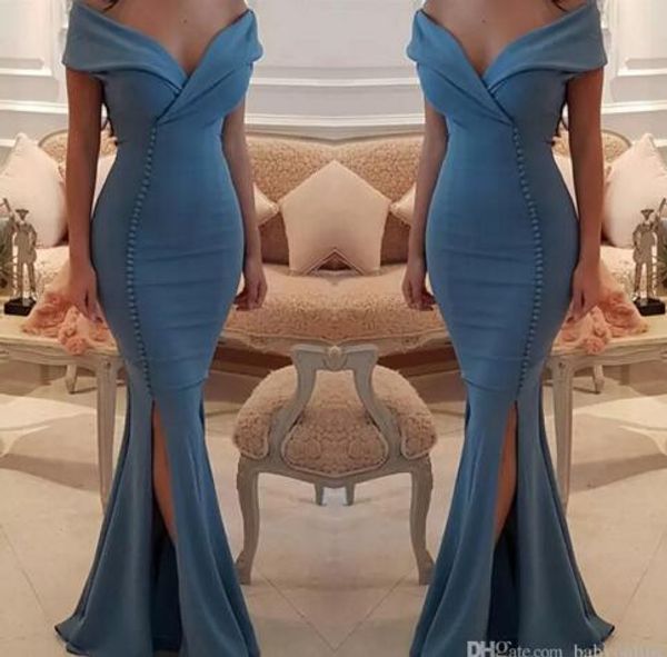

chic buttons split ocean blue prom dresses 2021 new arrival elegant off shoulders v neck mermaid party wears gowns celebrity evening dress, Black;red