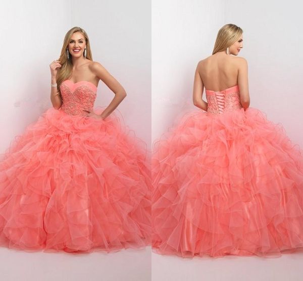 

Hot Blush Coral Ball Gown Princess Quinceanera Dresses Sweetheart Tiered Ruffle Skirt Backless Sweet 16 Long Prom Dresses