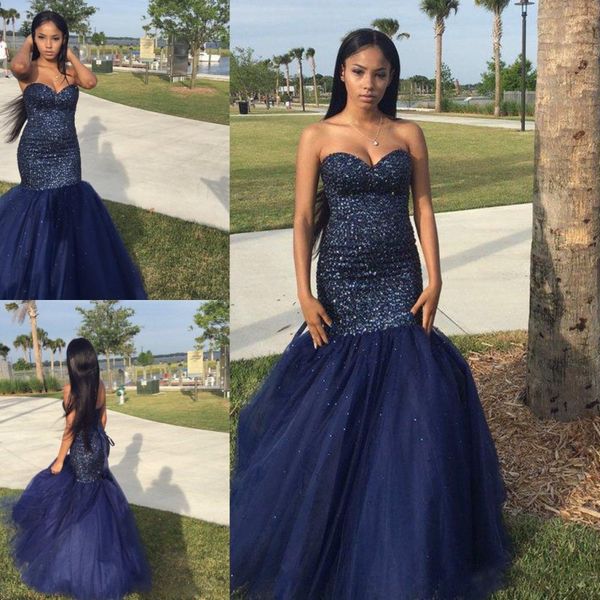 

navy blue 2k17 prom dresses beaded mermaid evening gowns lace up back floor length cocktail party dresses custom made, Black