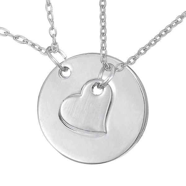 

set of 2 silver tone heart and affirmation circle washer pendant necklace for couple
