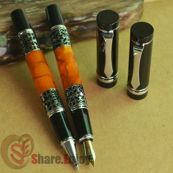 

2 PCS BOOKWORM 675 ORANGE CELLULOID M NIB FOUNTAIN PEN AND ROLLER BALL PEN
