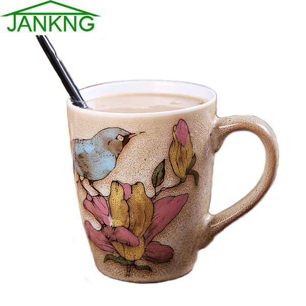 JANKNG 380mL Kawaii Tazze da caffè in ceramica Tazza Uccello Fiore Dipinto Tazza Tazza da caffè Tè al latte Tazza da neve Tazza di eleganza Regalo per ragazza