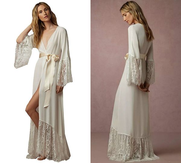 Accappatoio avorio Vendita caldo Abito a maniche lunghe per sposa e damigelle Pizzo Morbido chiffon Raso Indumenti da notte da donna con fascia Taglia M-XL