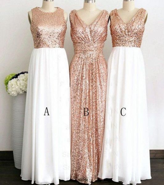 Roségoldene Pailletten, drei verschiedene Stile, lange Brautjungfernkleider für Hochzeit, elegante Trauzeugin-Kleider, formelle Party-Kleider für Frauen