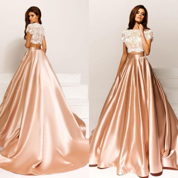 2021 Design de Cristal Dois Peça Champanhe Vestidos de Noite de Noite Manga Curta Bateu De Golvesa Renda Corpete Varredura Treinar A-Linha Formal Vestidos de Noite