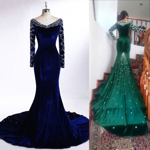 

2017 long sleeves evening dresses mermaid v neck beaded crystals sweep train arabic dubai formal prom party gowns celebrity dresses, Black;red