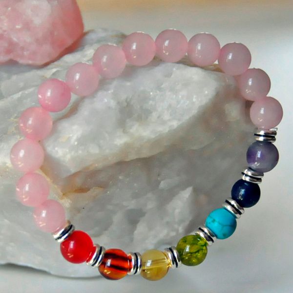 Pulsera de Cuarzo Rosa Con Cristales Chakra Piedras Preciosas Buen Valor Pulsera