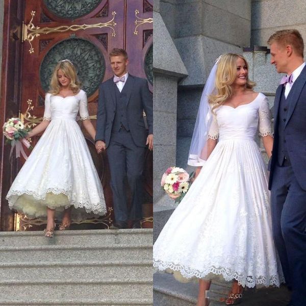 

Half Sleeves Ankle Length Wedding Dresses A Line Country Garden Short Bridal Gowns Scoop Custom Made Wedding Gowns
