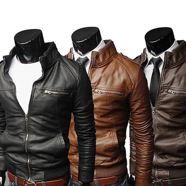 

wholesale- men's faux leather fashion long slevee stand collar zipper jacket outwear coat, Black;brown