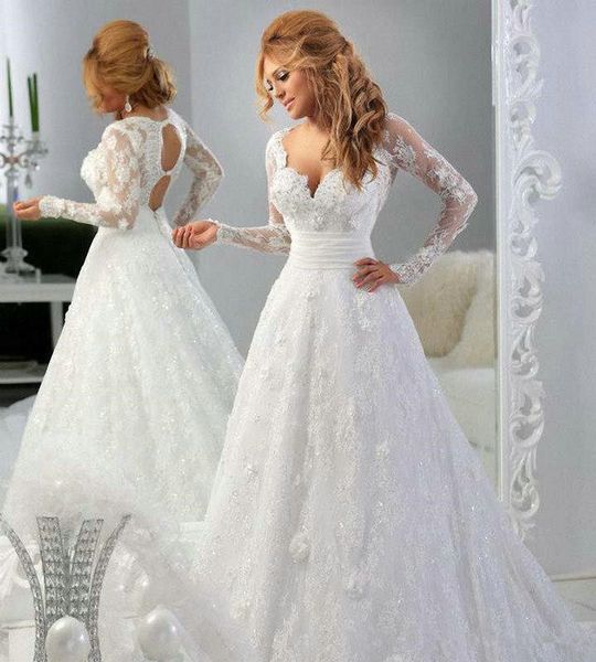 

lace sheer illusion long sleeves a-line wedding dresses sweetheart beaded hollow back applique plus size court train bridal gowns, White