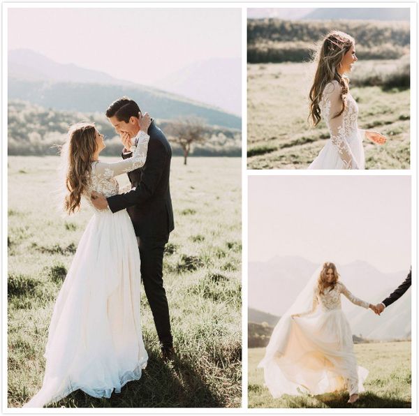 Designer Bohemian País vestidos de casamento com mangas Top ver através de simples Lace Applique Berta vestidos de noiva baratos Chiffon Jewel Zipper