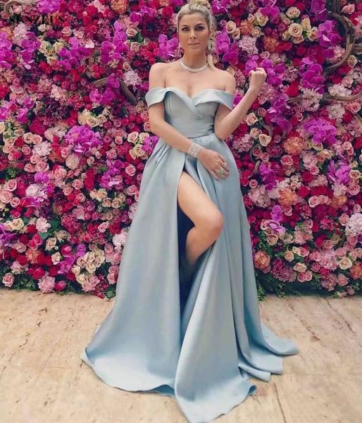 

high side split prom dresses long off the shoulder light blue satin party evening gowns plus size formal dress, Black