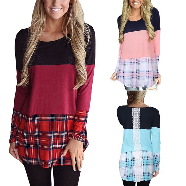 

2017 autumn europe america style women's shirt round neck long sleeve lace back stitching t-shirt size s  l xl ing, White