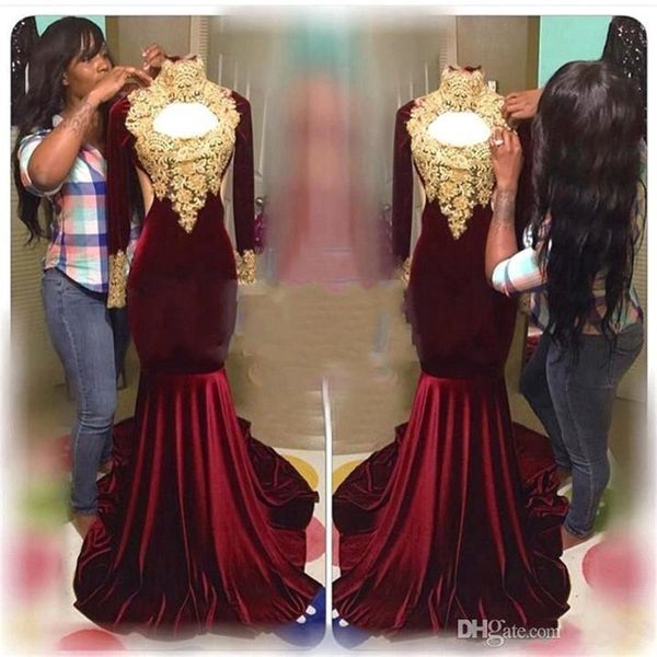 

burgundy velvet mermaid prom dresses 2019 high neck gold appliques lace long sleeved evening dress african prom gowns, Black