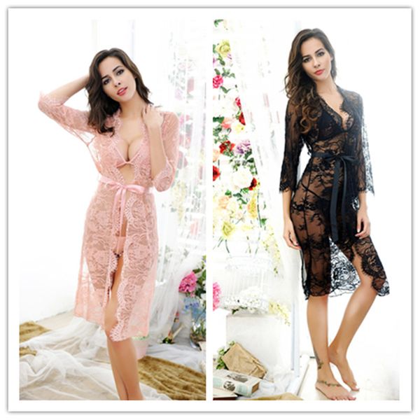 All'ingrosso- 2017 Donne Sexy See Through Sleepwear Pizzo Camicia da notte Camicia da notte Maglia Sleepshirt Home Abbigliamento Sleep Dress Rosa Nero Fetish erotico