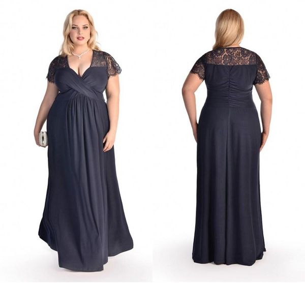 

chiffon plus size formal dresses short sleeve lace applique v neck evening gowns floor length special occasion dress, Black