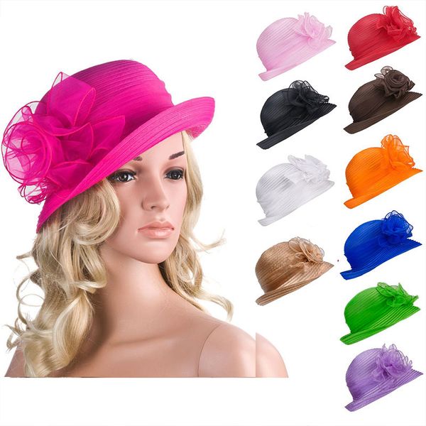 

solid color womens summer flower organza dome bowler sun hat sunbonnet kentucky derby tea party a267, Blue;gray