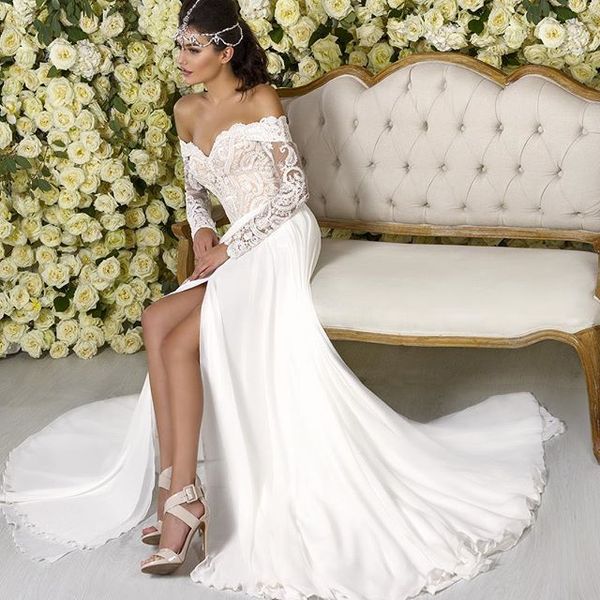 

2021 off shoulder long sleeve lace split side white chiffon long elie saab evening prom dresses, Black