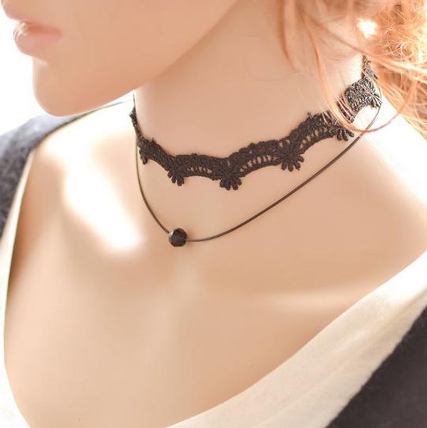 

2 chains necklace with black bead pendant, vintage style,noble and delicate for women, and high quality, Golden;silver