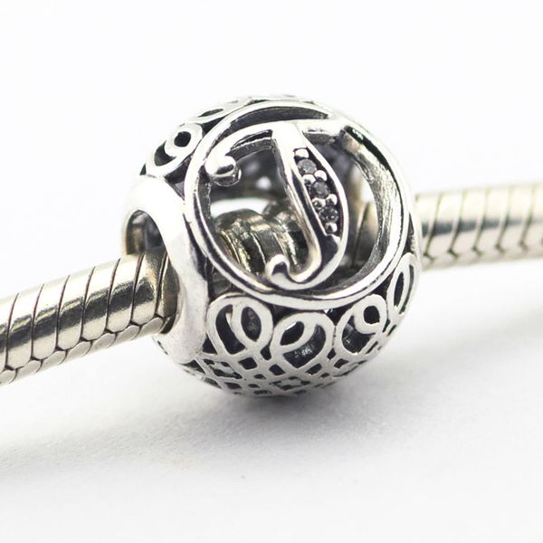 

fits pandora charms bracelet 100% 925 silver letter charm alphabet t vintage beads women diy jewelry wholesale, Black