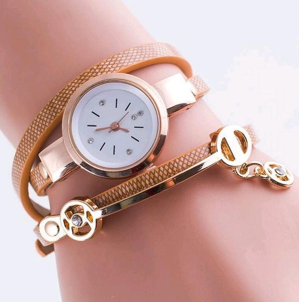 Hot Multilayer Ladies Bracelet Watch Rodada Dial PU Pulseira De Couro Rinestones Fivela Relógios De Pulso para As Mulheres Barato Frete Grátis