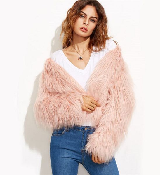 

fluffy faux fur coat women warm chic female outerwear pink elegant autumn winter jacket coat hairy party overcoat, Black