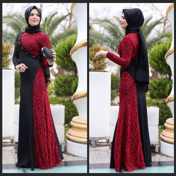 Das neueste Design, schwarz, rot, lange arabische muslimische Abendkleider, eine Linie, Spitze, Perlen, lange Ärmel, bodenlange Damen-Partykleider