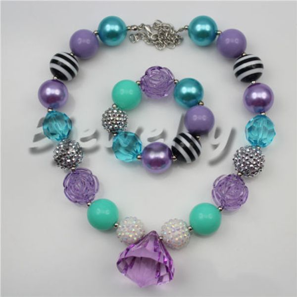 

purple waterdrop pendant flower bead chuny kids bubblegum necklace&brace cb779, Silver
