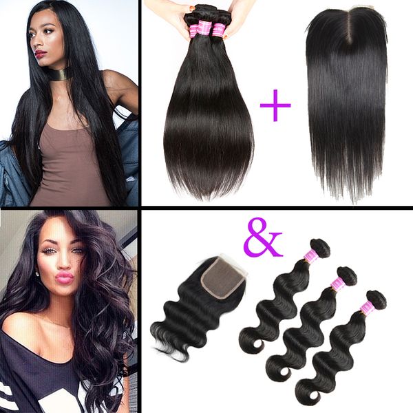 

closure with straight 3 hair extensions body wave bundles and lace closure brazilian malaysian peruvian indian mongolian virgin human hair, Black