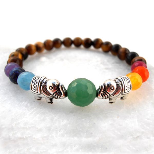 SN0570 2016 Bracciale moda all'ingrosso Pietra naturale Chakra Bracciale elefante Sette bracciale Yoga Meditazione Bracciale multicolore per le donne