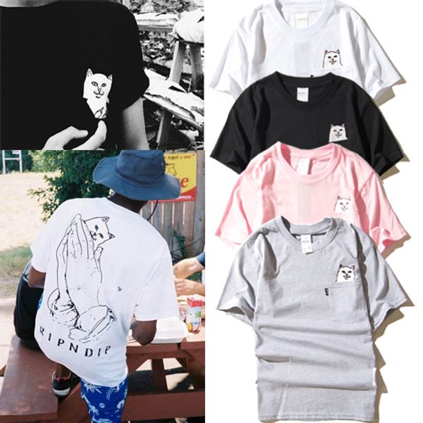 

Summer fashion T-Shirts Harajuku mens and womens round collar couples pocket middle finger cat small base wacky short sleeve T-shirt S-2XL