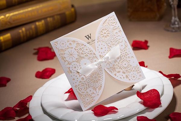 

creative hollow lace cut-out wedding invitation with bowknot customized wedding party laser invitation cards printable ing, Black