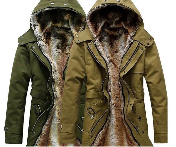 Atacado-quente homens grossos longos ao ar livre jaqueta de parka casacos revestimentos de forro de pele MENS inverno trench casaco com capuz 2016 moda fina fit outerwear