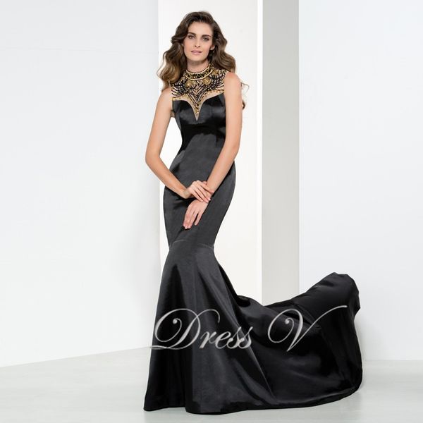 

Sexy Black Backless Mermaid Plus Size Evening Dresses 2019 High Neck Formal Dress Beaded Crystal Party Prom Gowns Court Train Robe de soiree