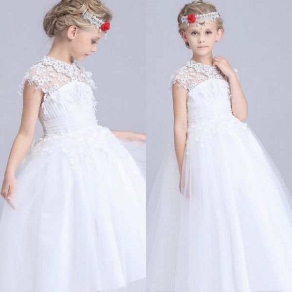 Bellissimi abiti da ragazza di fiori per matrimoni Principessa Puffy Tulle Abiti da spettacolo per ragazze Collo trasparente Buco della serratura Corsetto Indietro Appliques in pizzo Abbigliamento per bambini