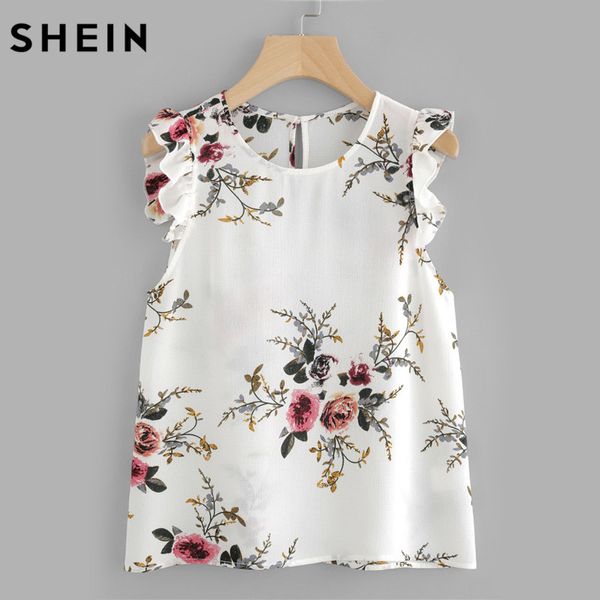 

wholesale- shein frilled armhole button closure back shell women summer white round neck sleeveless floral blouse