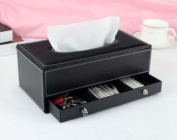 

wholesale- leather rectangle tissue box holder napkin box dispenser case with drawer black 241a