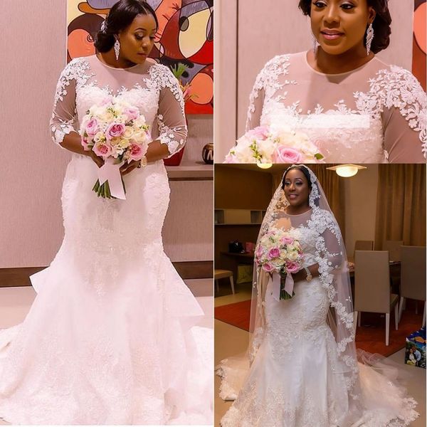 

new african mermaid trumpet wedding dresses 2019 long sleeves sheer neck appliques back with button sweep train bridal gowns plus size, White