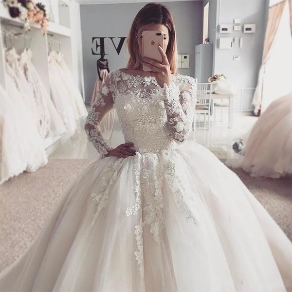 

elegant wedding dresses plus size lace applique crystal beaded ball gown jewel neck long sleeves arabic floor length formal bridal gowns, White
