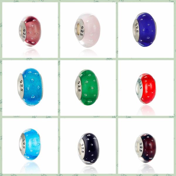 20 Stück Boutique versilberte 925er Murano-Glasperlen mit Fettprägung, Schmuck-DIY-Zubehör, Charms, großes Loch, passend für EUR-Armbänder A-018