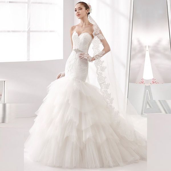 

2019 Newest Mermaid Tiered Skirts Wedding Dress With Detachable Belt Vestido De Novia Sleeveless Lace Vintage Bridal Dresses Custom Made