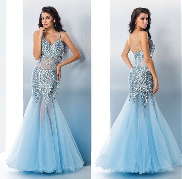 

2017 special occasion light sky blue tulle prom dresses mermaid spaghetti strap rhinestones floor length pageant party dresses, Black