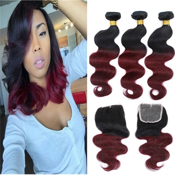 Acquista Brasiliani Ombre Capelli Castani Con Chiusura In Pizzo 1b 99j Vino Rossi Bicolore 3 File Con Chiusura 4 Pezzi Wave Corpo Con Chiusura A