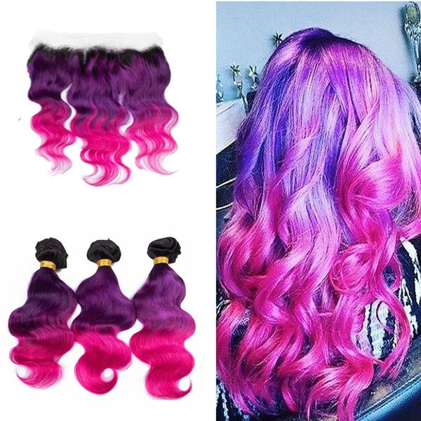 2019 Ombre 1b Purple Pink Ombre Brazilian Hair 3 Bundles With Frontal Closure Dark Rootts Virgin Body Wave Hair With Top Lace Frontal From Avon Hair
